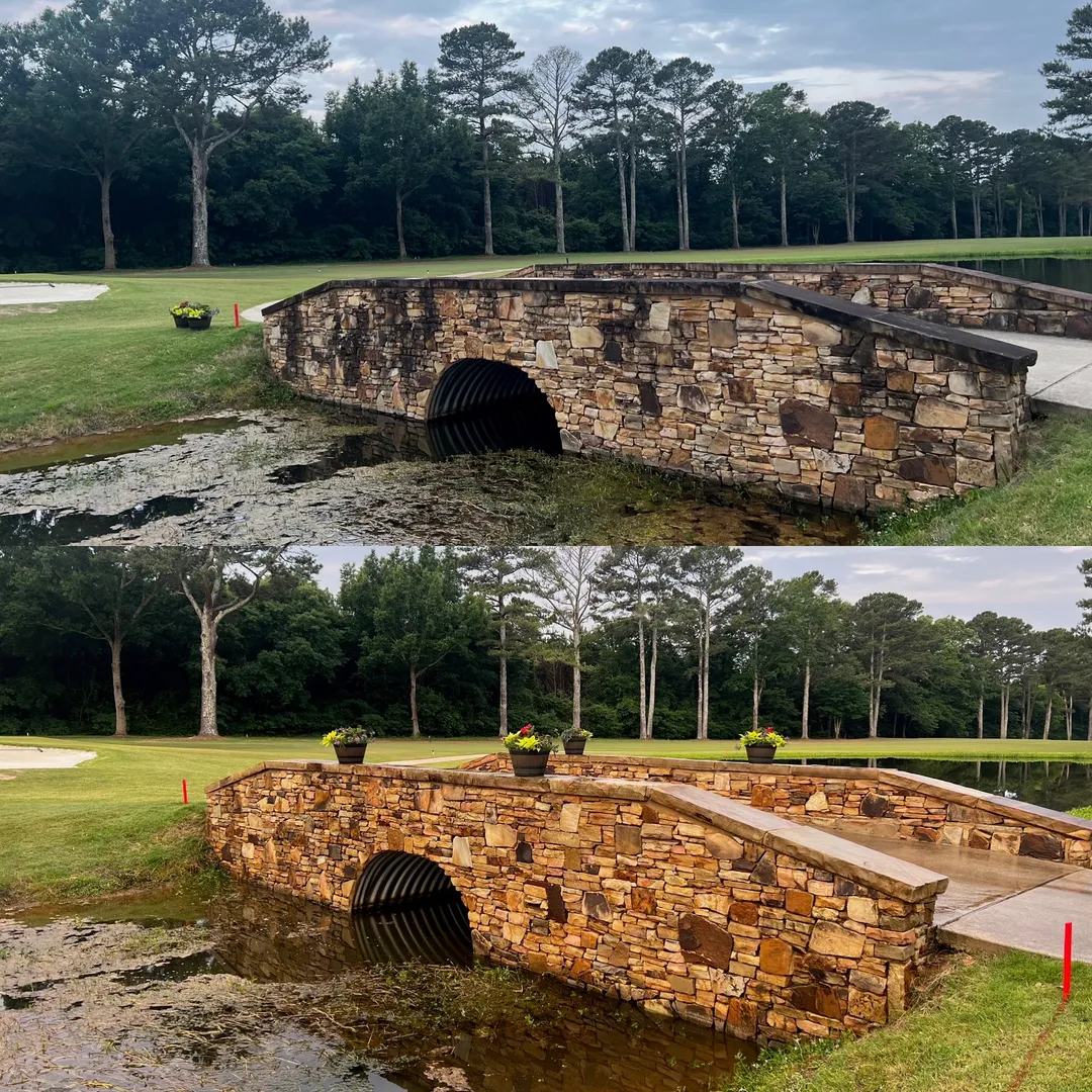 Stone bridge wall before and after cleaning