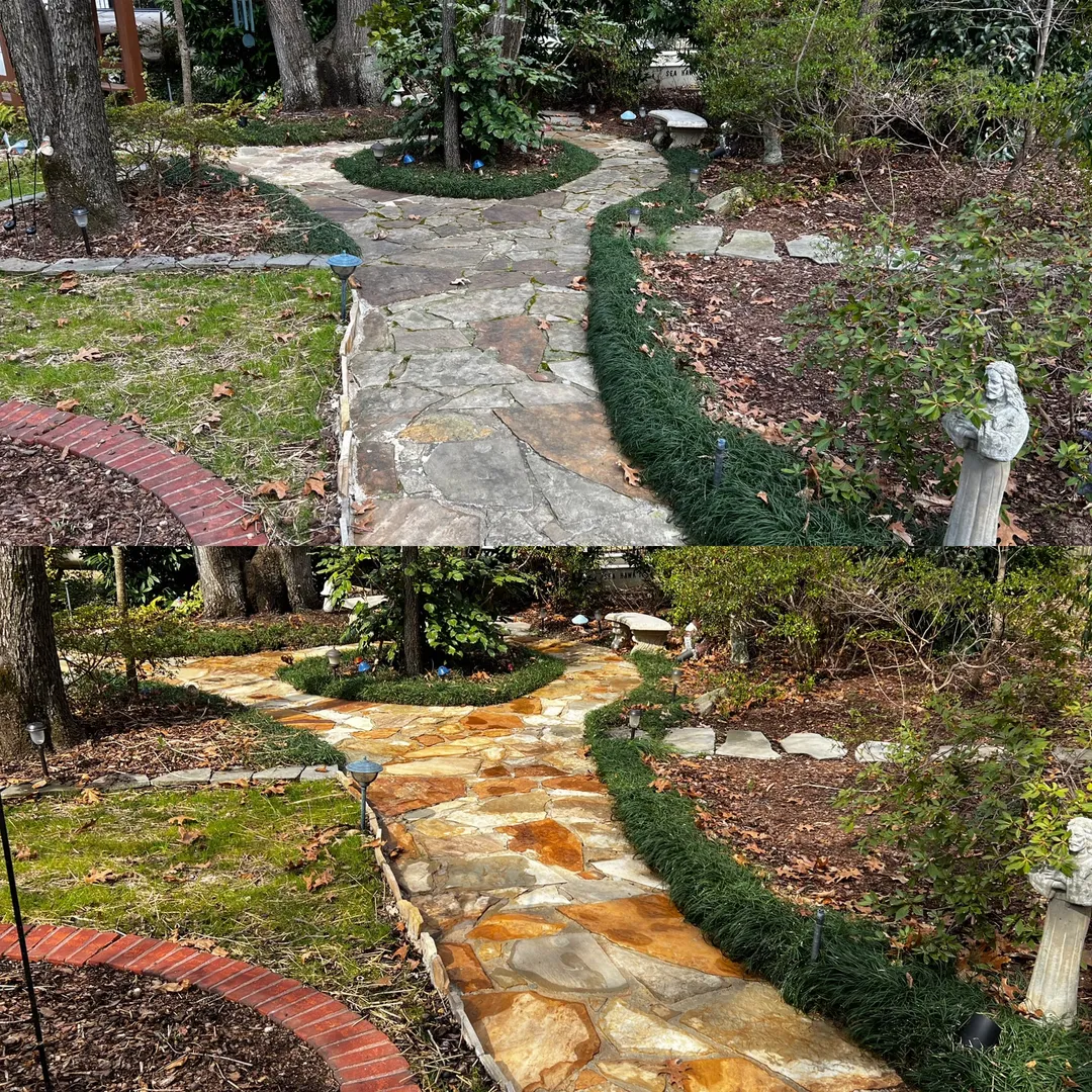 Natural stone walkway before and after cleaning