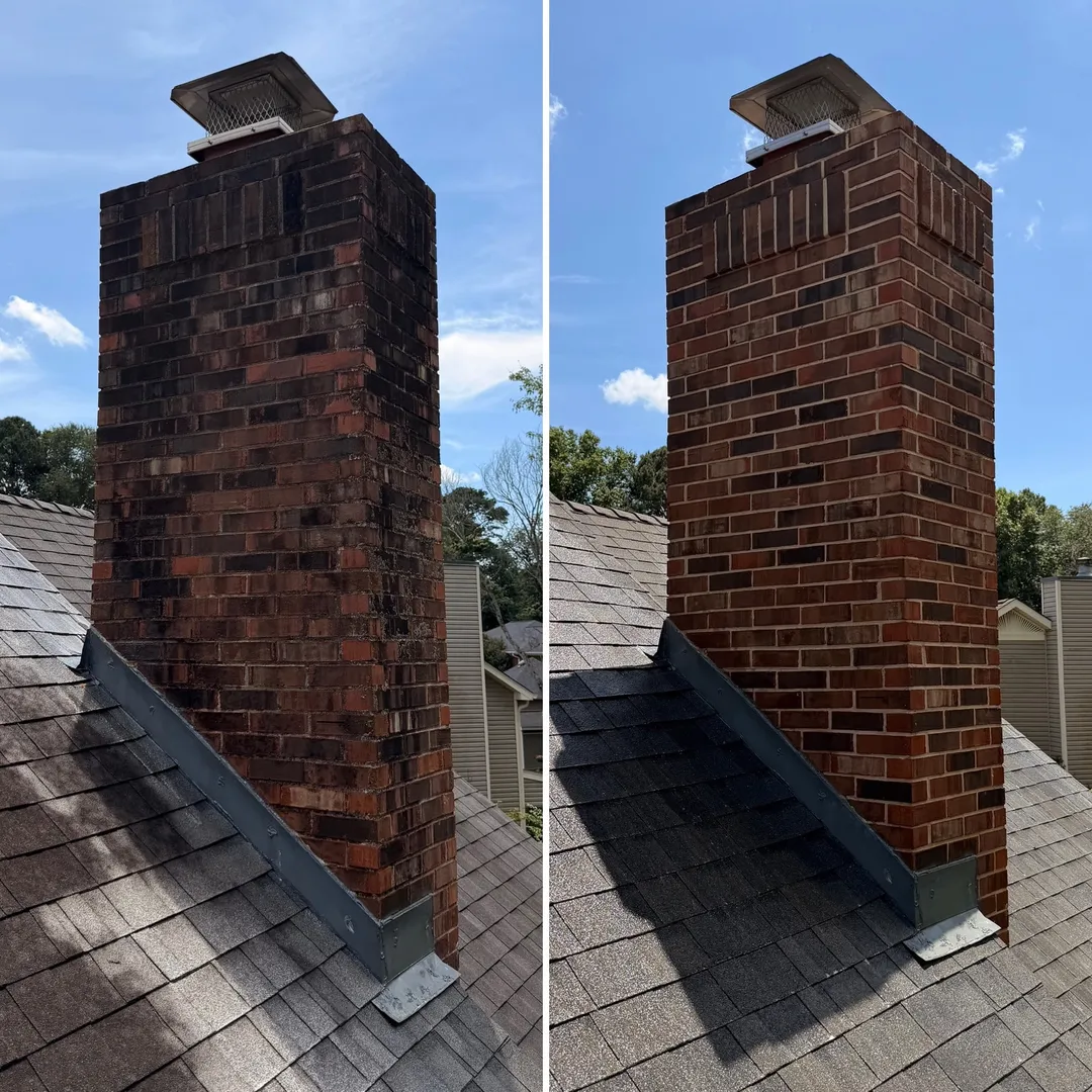 Brick chimney before and after exterior cleaning