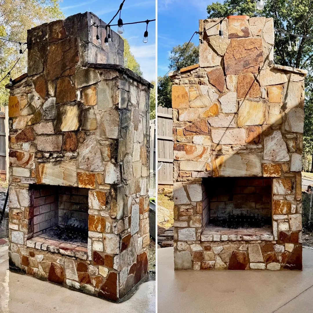 Stone outdoor fireplace before and after cleaning