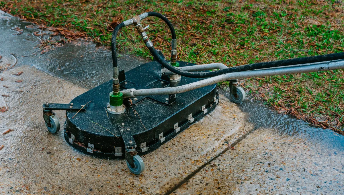 A wheeled surface cleaner working across open concrete
