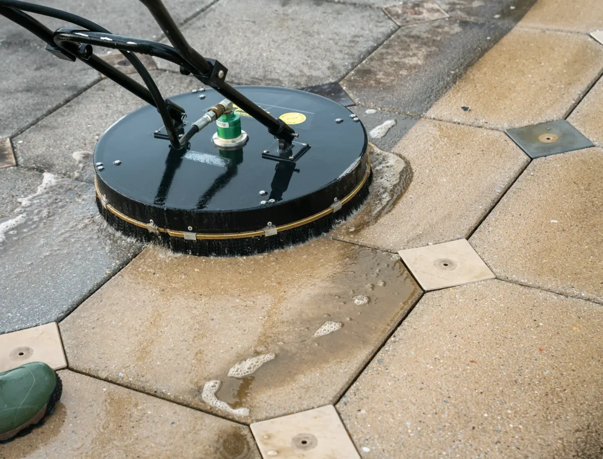 A round surface cleaner washing patterned patio pavers