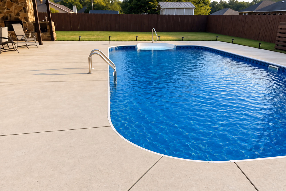 Pale concrete deck with curved coping and a ladder beside a blue swimming pool