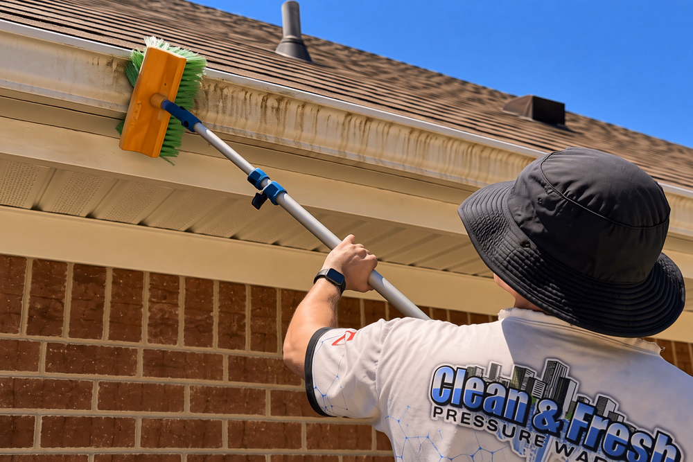 Yellow brush contacting the striped outside gutter face above a worker in a dark hat