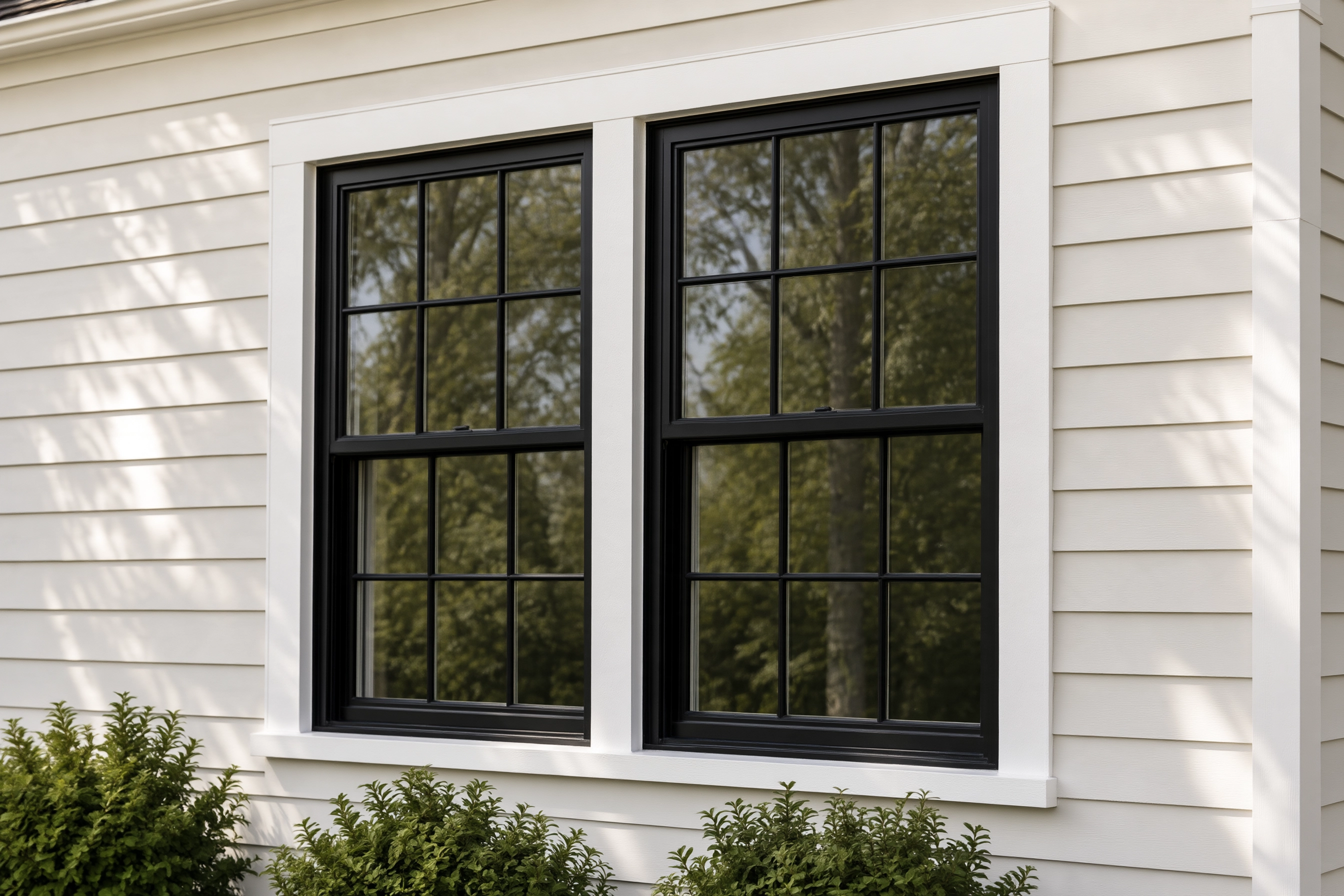 Exterior window glass reflecting the surrounding yard