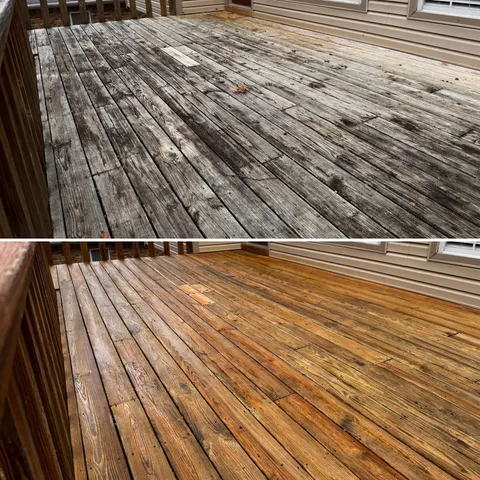 Weathered natural wood deck before and after restoration cleaning